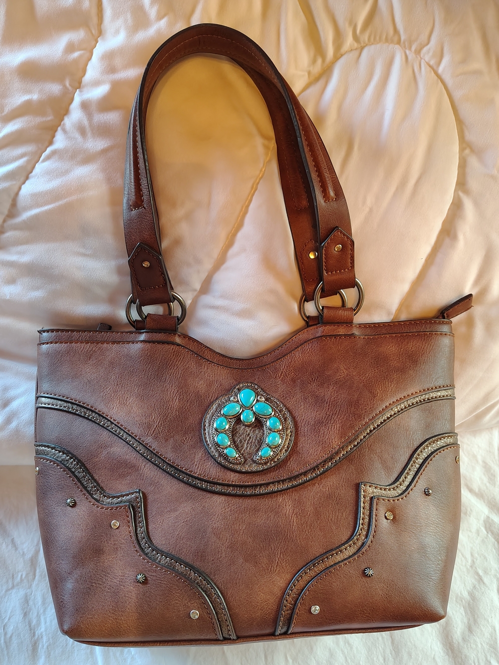 Justin Western Tote Purse Brown Faux Leather Turquoise Horseshoe Shoulder Bag